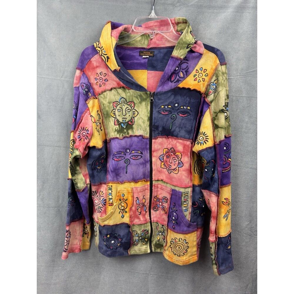 Rising International Patchwork Hoodie Jacket Womens Size L Hippie Boho Tie Dye - Picture 12 of 13
